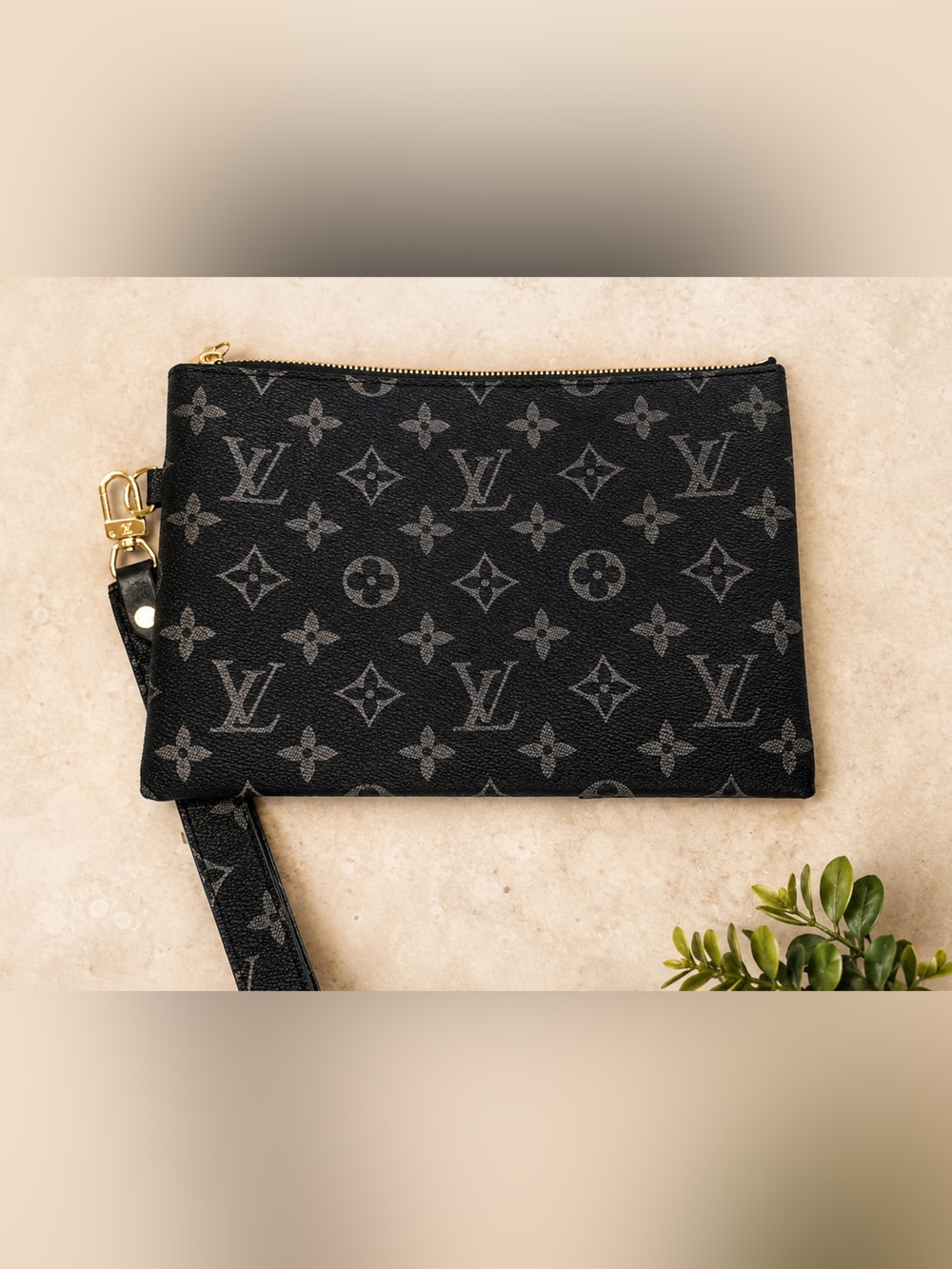 Unlisted Black Monogram Canvas Wristlet Clutch with Gold Hardware